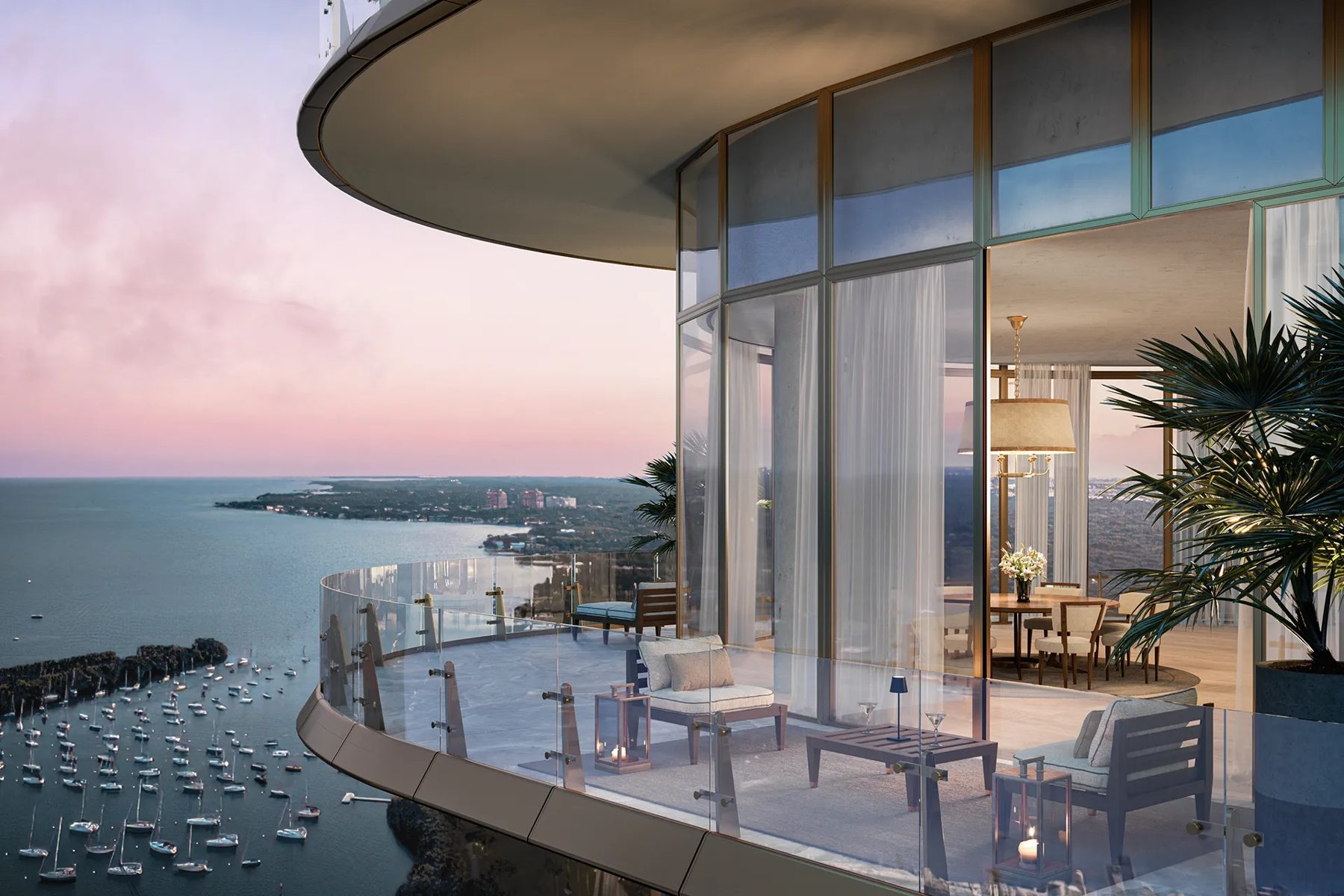 Terrace at Four Seasons Private Residences overlooking Biscayne Bay and the Coconut Grove marina